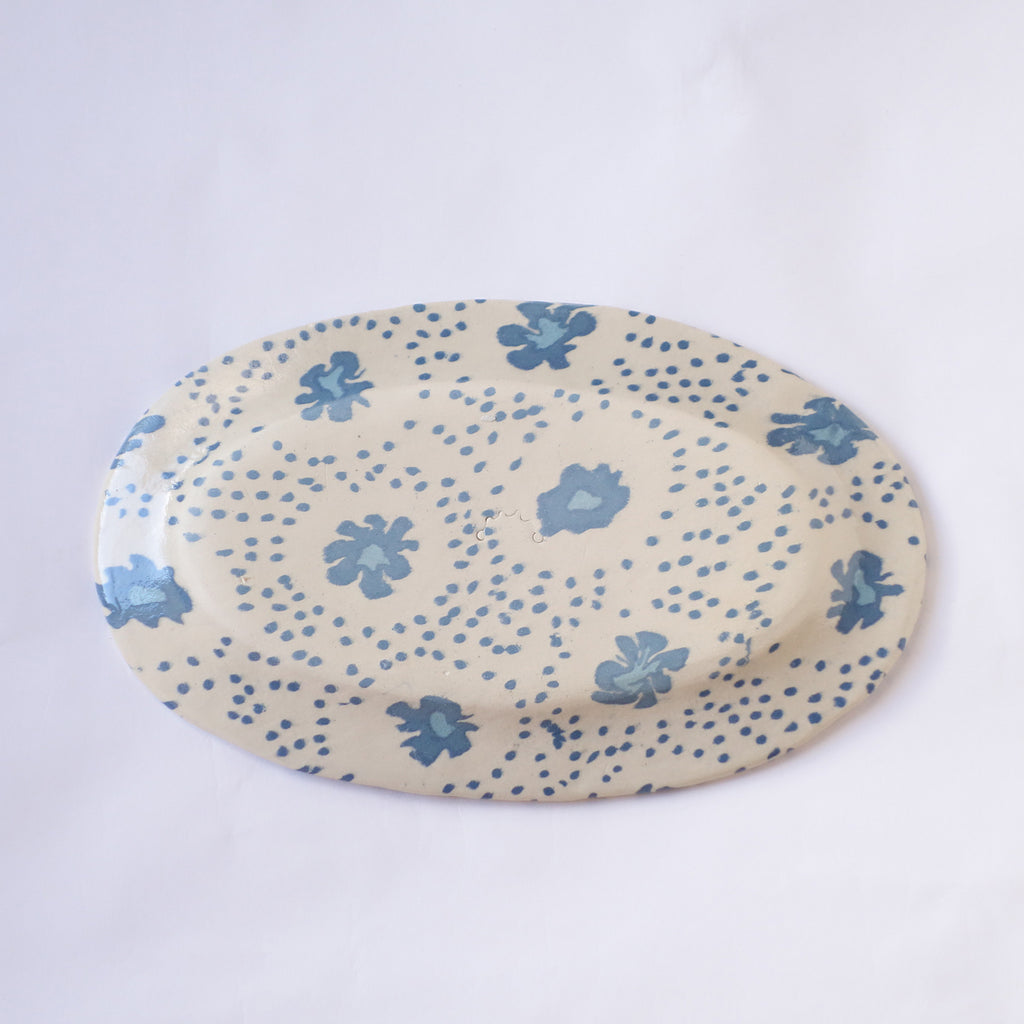 Nerikomi Nostalgic Blue Flower Fabric Pattern Oval Plate
