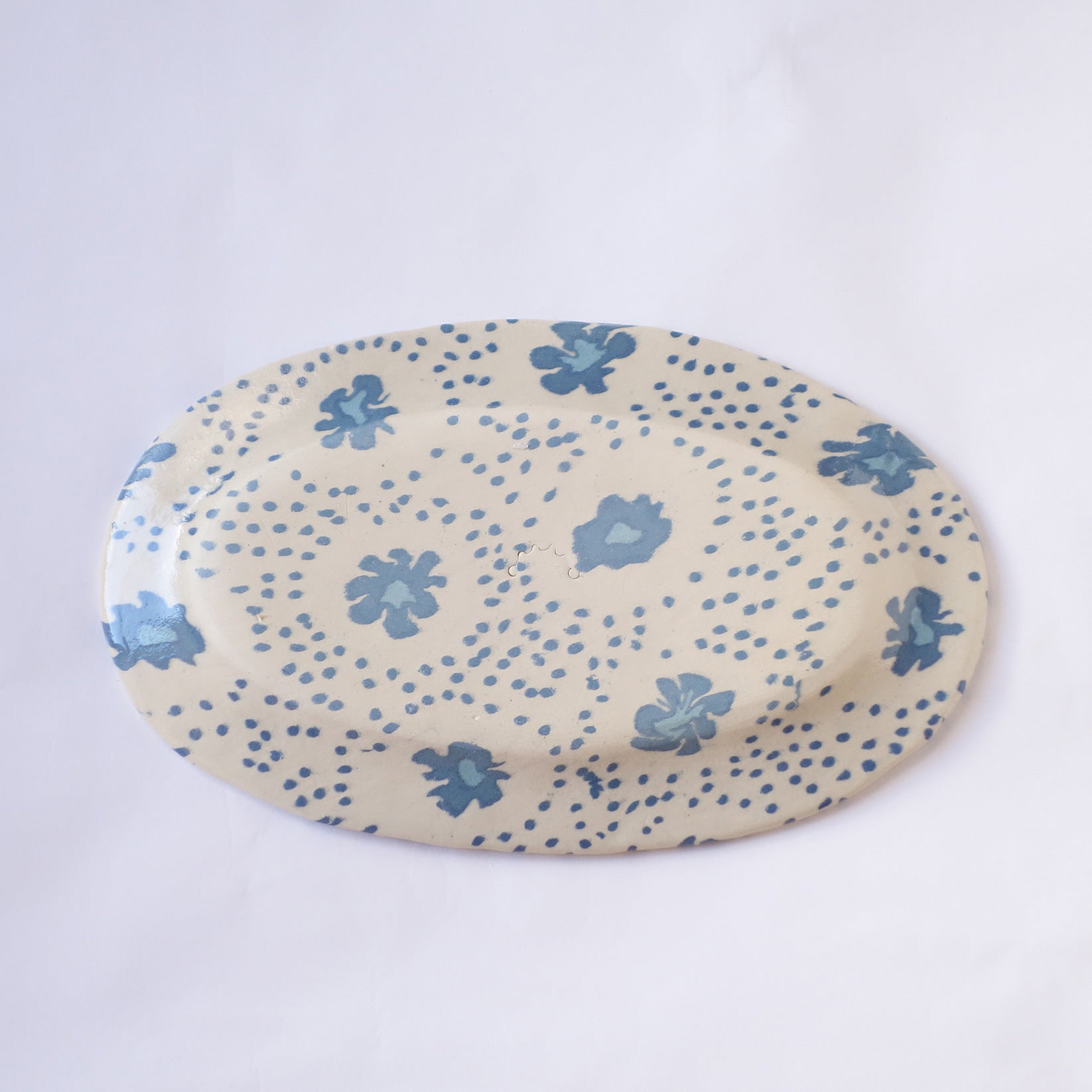 Nerikomi Nostalgic Blue Flower Fabric Pattern Oval Plate
