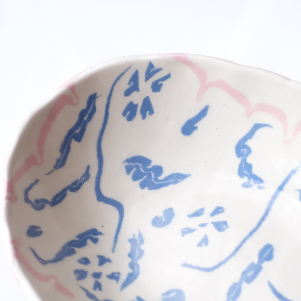 Nerikomi Blue Flower Pink Frame Pattern Oval Bowl