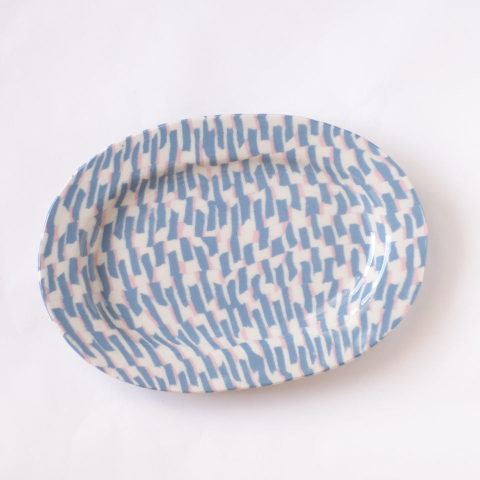 Nerikomi Blue Pink White Strips Pattern Round Plate