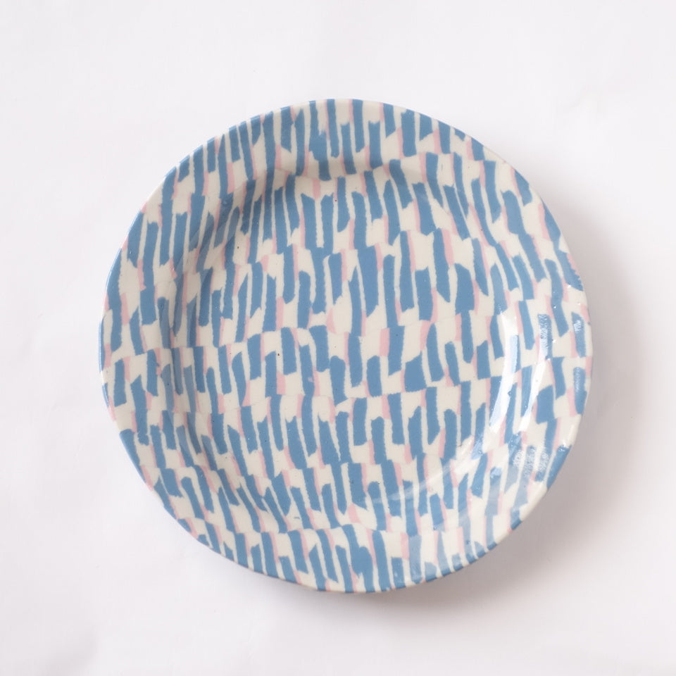 Nerikomi Blue Pink White Strips Pattern Round Plate