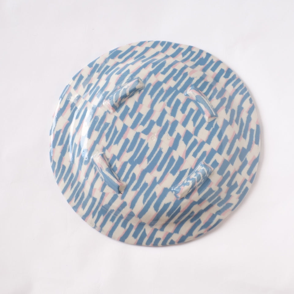 Nerikomi Blue Pink White Strips Pattern Round Plate