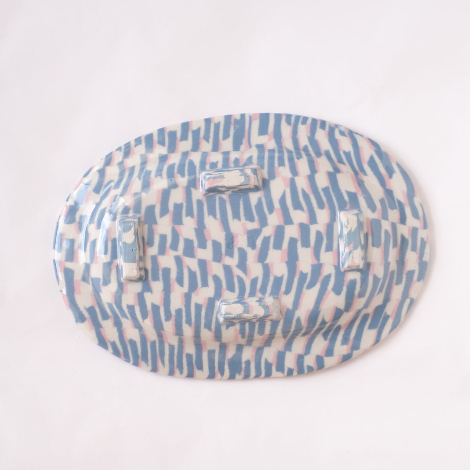 Nerikomi Blue Pink White Strips Pattern Round Plate