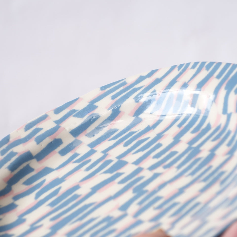 Nerikomi Blue Pink White Strips Pattern Round Plate