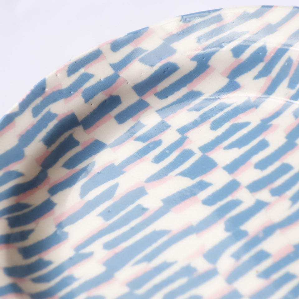 Nerikomi Blue Pink White Strips Pattern Round Plate