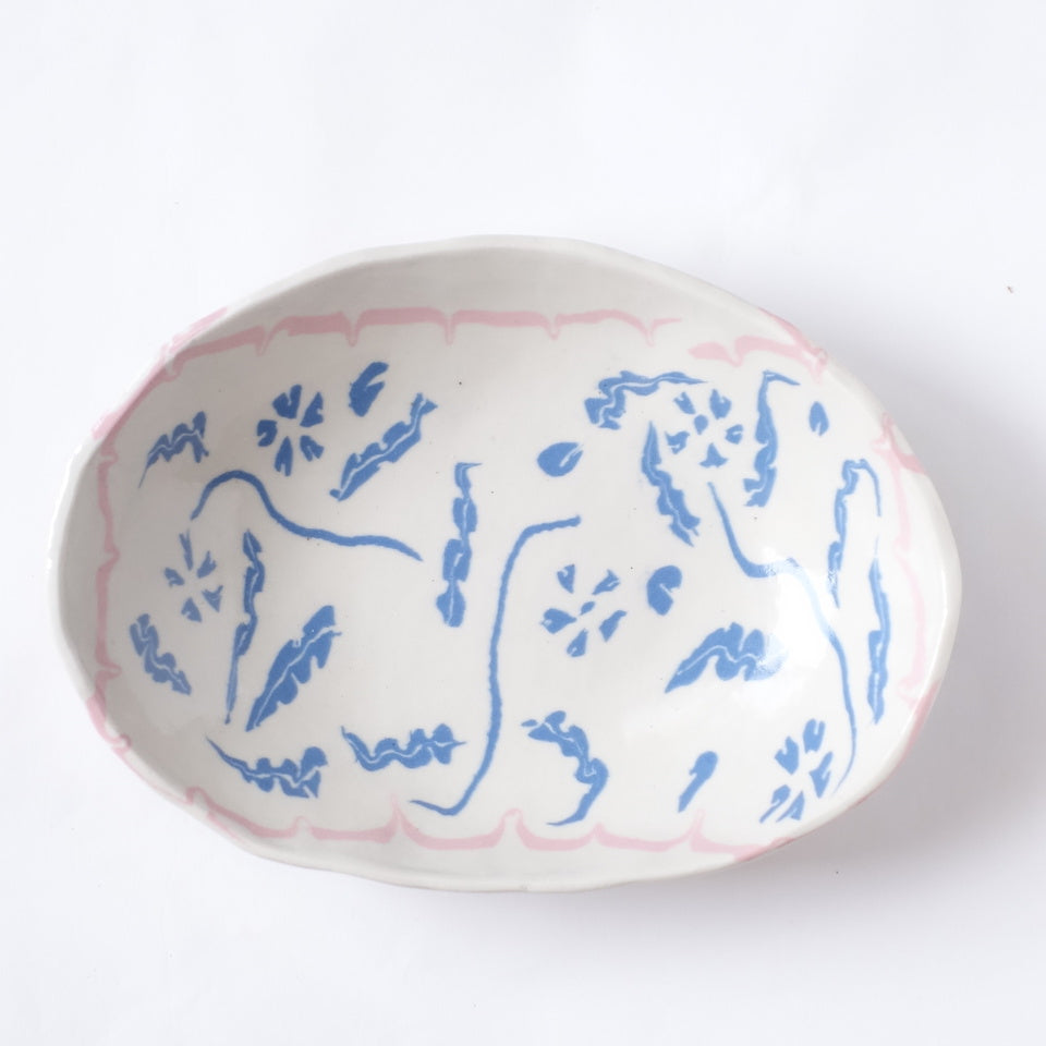 Nerikomi Blue Flower Pink Frame Pattern Oval Bowl