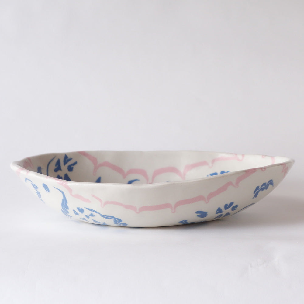 Nerikomi Blue Flower Pink Frame Pattern Oval Bowl