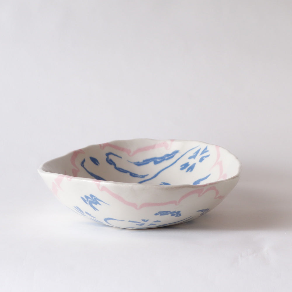 Nerikomi Blue Flower Pink Frame Pattern Oval Bowl