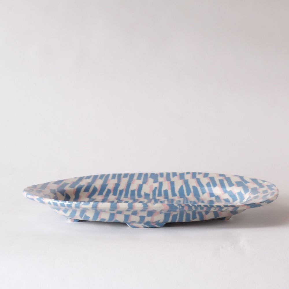 Nerikomi Blue Pink White Strips Pattern Round Plate