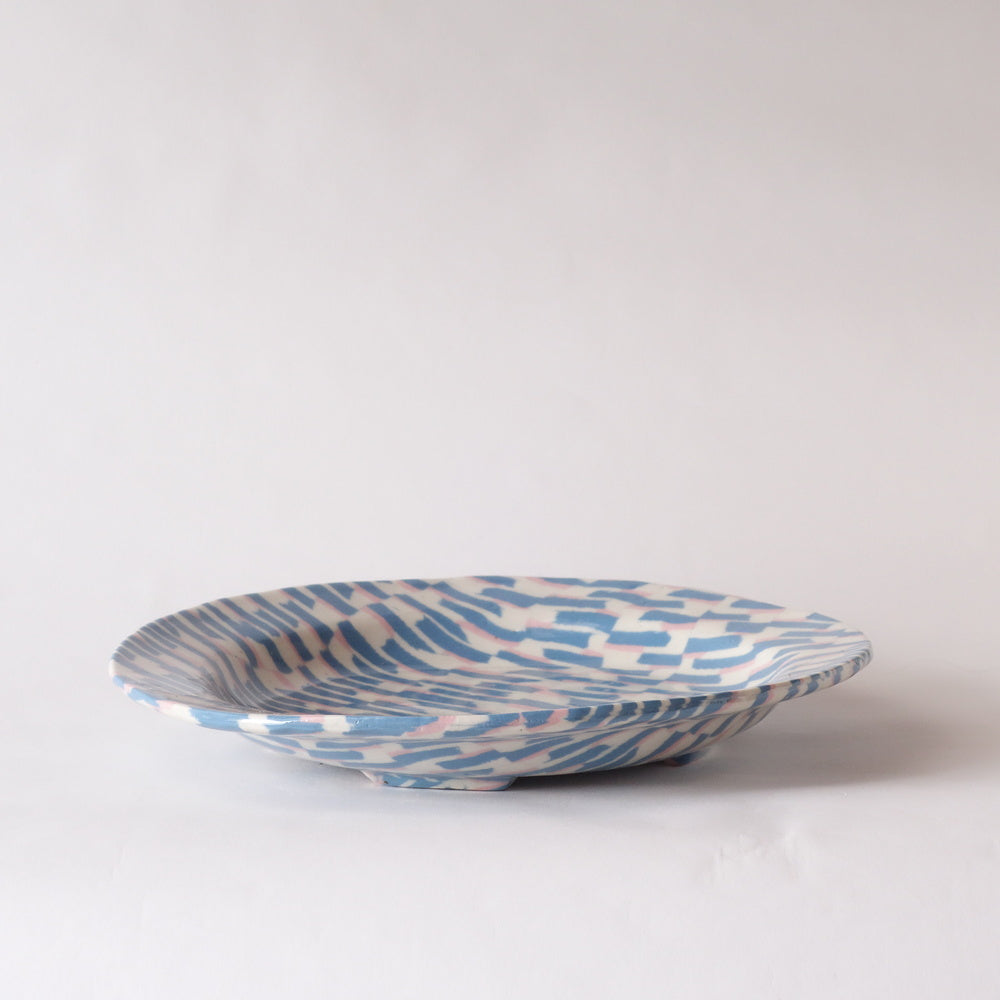 Nerikomi Blue Pink White Strips Pattern Round Plate