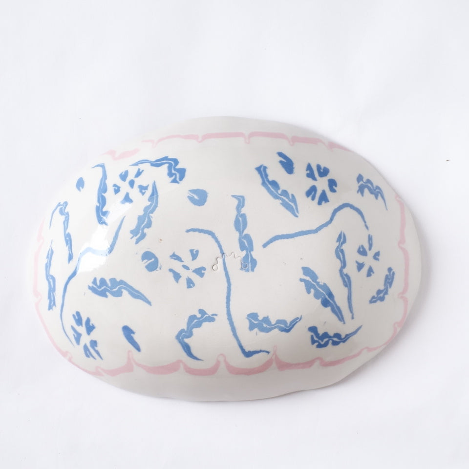 Nerikomi Blue Flower Pink Frame Pattern Oval Bowl