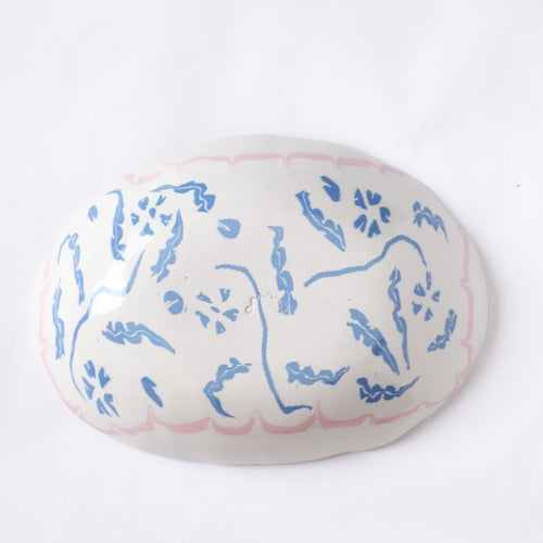 Nerikomi Blue Flower Pink Frame Pattern Oval Bowl