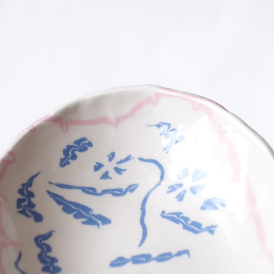 Nerikomi Blue Flower Pink Frame Pattern Oval Bowl