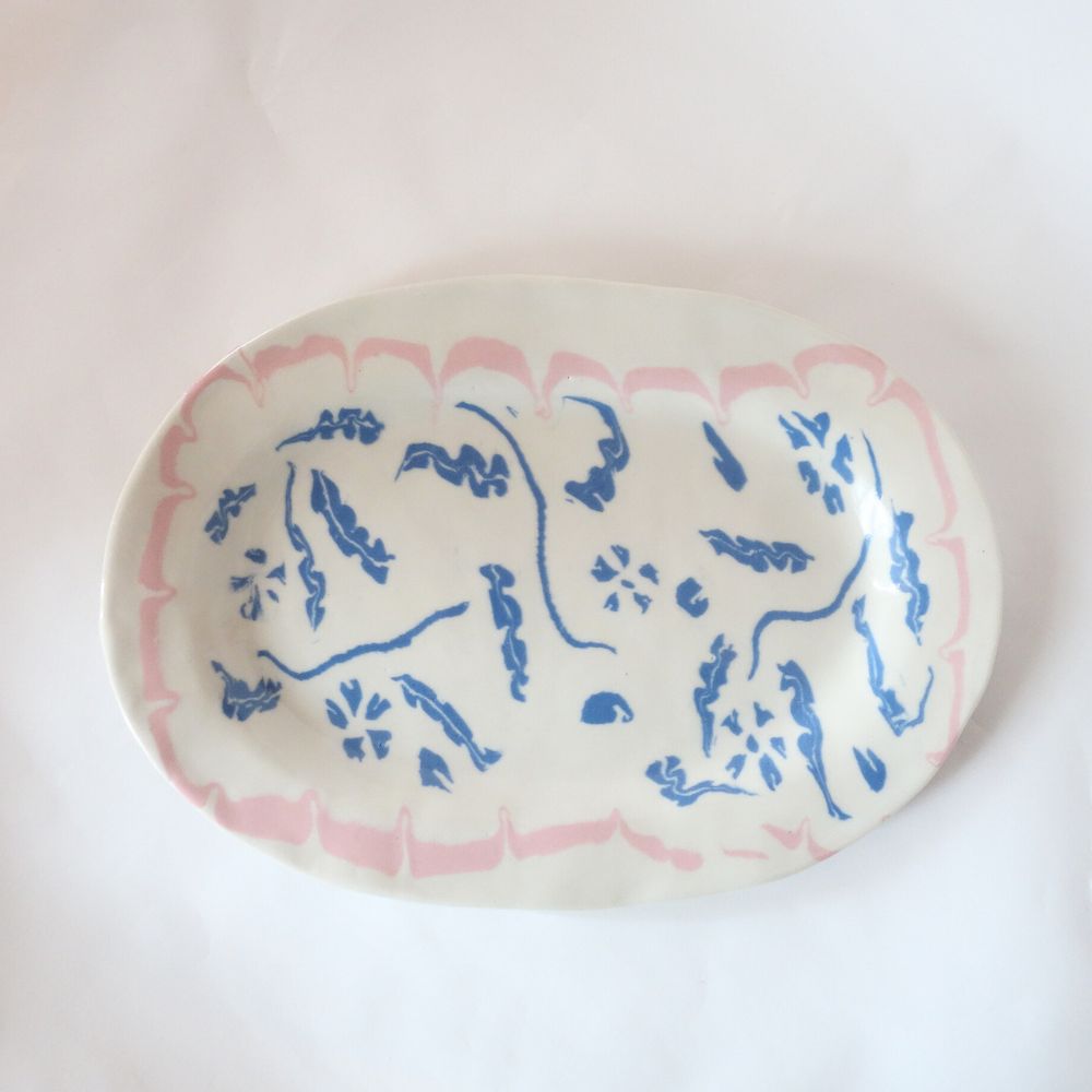 Nerikomi Blue Flower Pink Frame Pattern Oval Plate