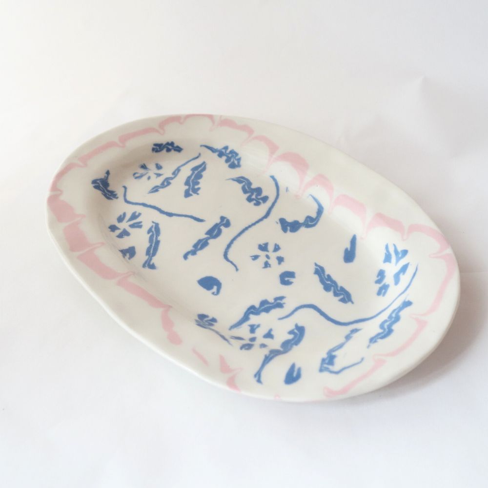 Nerikomi Blue Flower Pink Frame Pattern Oval Plate
