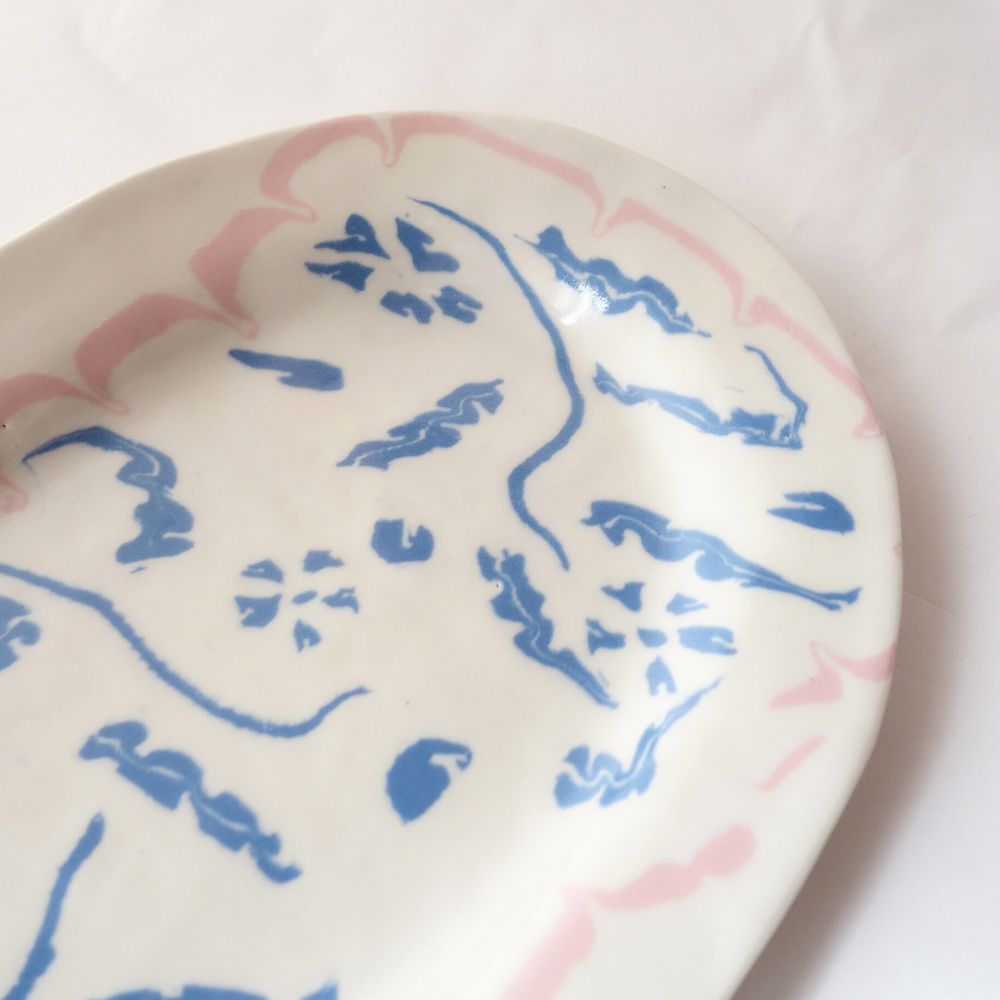 Nerikomi Blue Flower Pink Frame Pattern Oval Plate