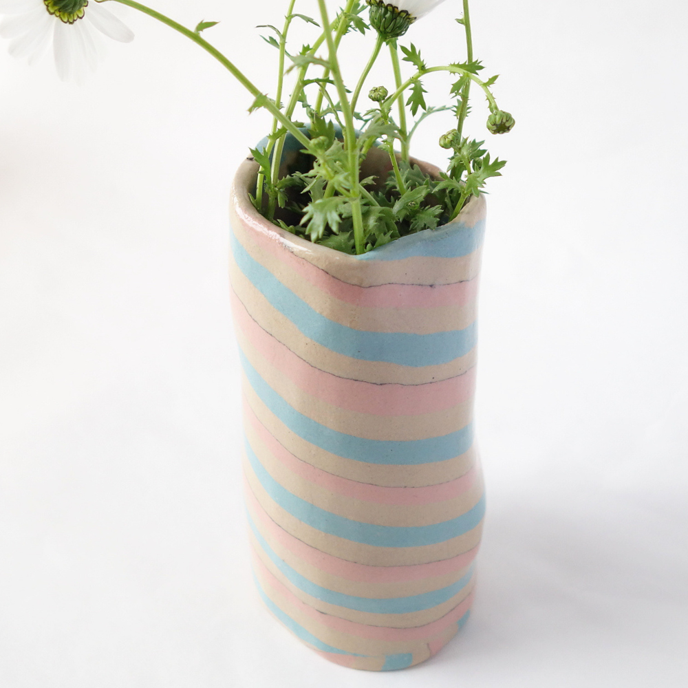 Nerikomi Pink and Blue Stripes Flower Vase