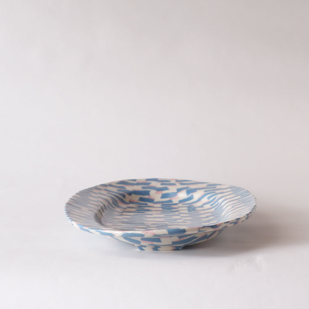 Nerikomi Blue Pink White Strips Pattern Round Plate