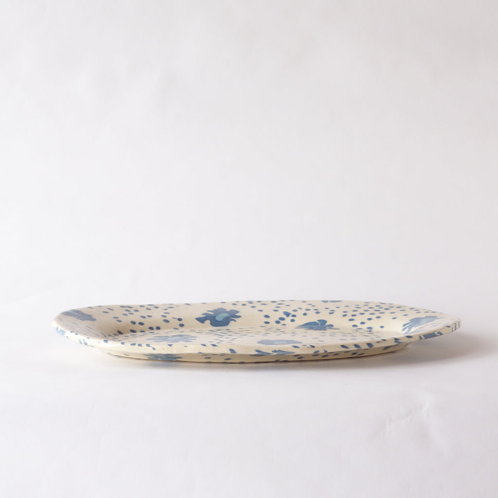 Nerikomi Nostalgic Blue Flower Fabric Pattern Oval Plate