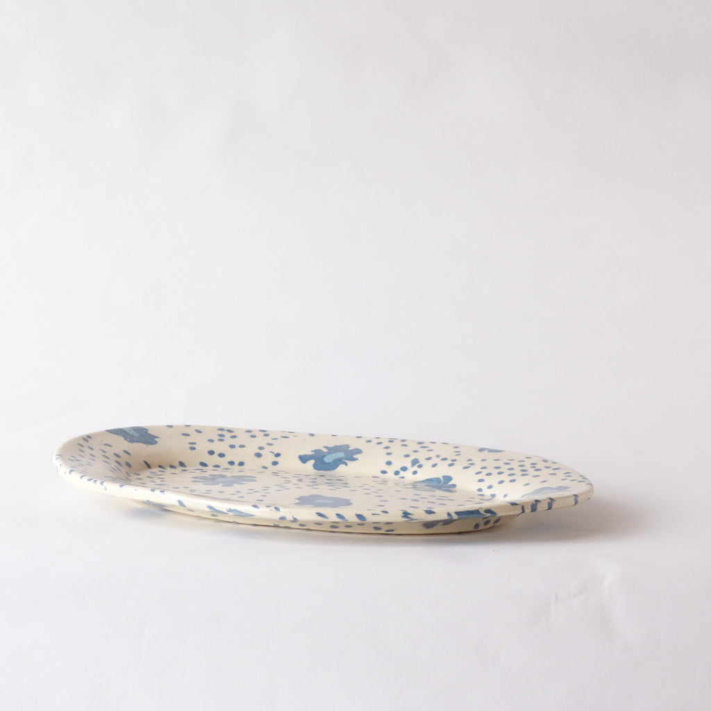 Nerikomi Nostalgic Blue Flower Fabric Pattern Oval Plate